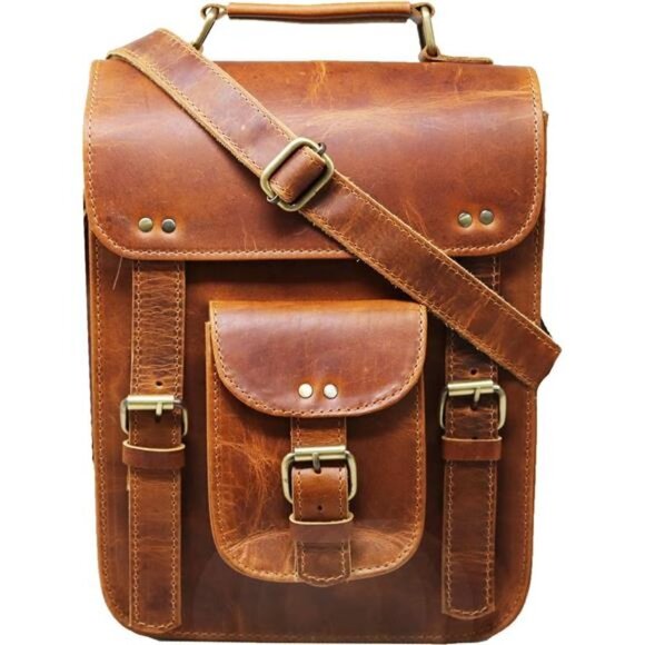 Leather messenger bag shoulder bag cross body vintage satchel for women men